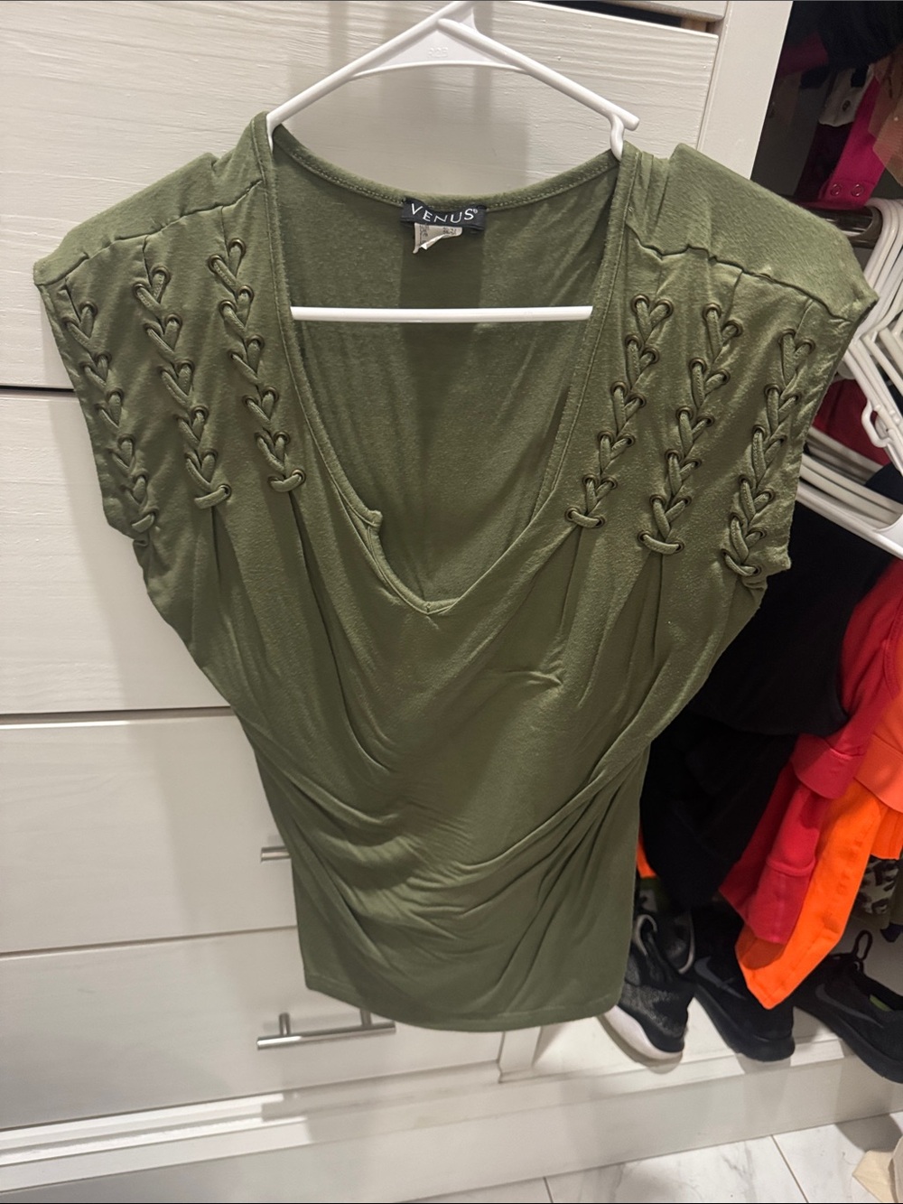 VENUS Olive Green Draped V-Neck Tunic with Braided Shoulder Detail